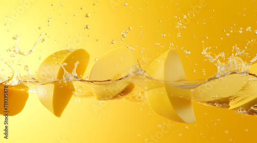  an image of mango slices falling into water on a yell