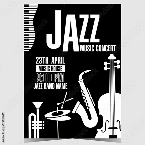 Jazz music concert poster or banner with musical instruments such as saxophone, trumpet, cello, hi-hat and piano keys in black and white. Invitation for jazz festival or live instrumental music show.