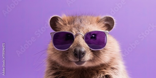 Raccoon with purple sunglasses on a purple background. © AdriFerrer