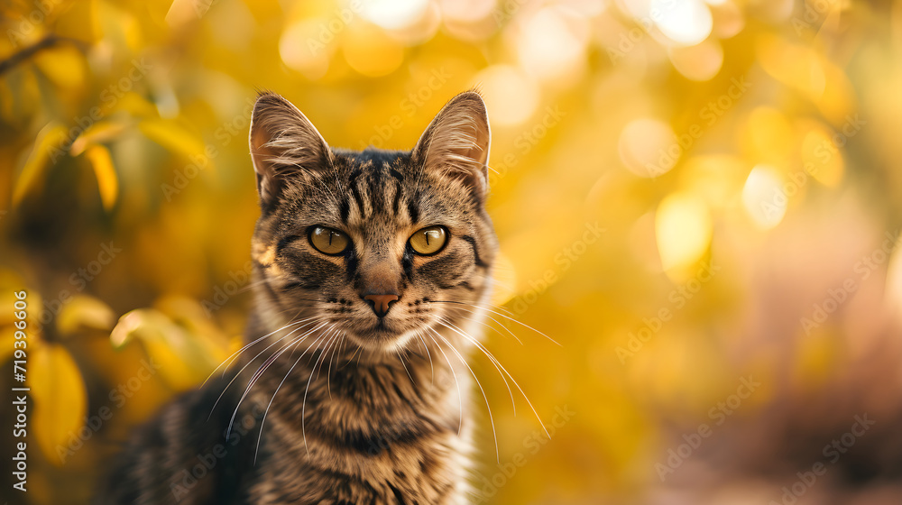 Tabby cat on blurred background of autumn landscape with copy space. Close up portrait of brown striped homeless street cat. Banner for pet shop. Pet care and animals, wildlife concept for ads