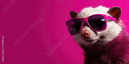 Possum wearing pink sunglasses and jacket on a vivid background.
