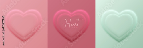 Set of pastel pink and mint green papercut 3D heart shape frame design. Collection of geometric backdrop for cosmetic product display, valentine day festival design, presentation, banner, cover and we