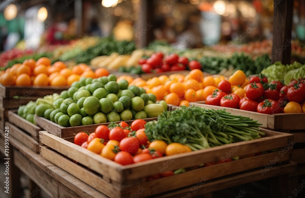 Vegetable market close-up of wooden trays with fresh vegetables