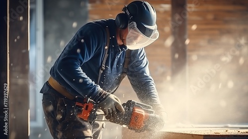 Professional workers are installed on the construction site by the handyman using a jackhammer, which is a concept shared by electricians and handymen. photo
