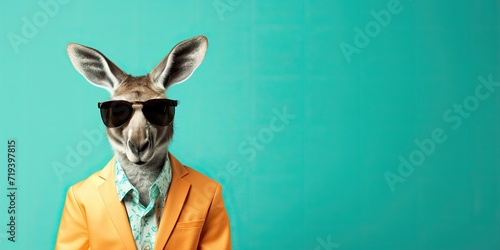 Kangaroo in a suit and sunglasses against a turquoise background.