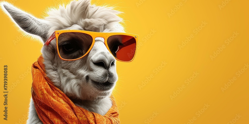 Llama in sunglasses and scarf against a vivid yellow background.