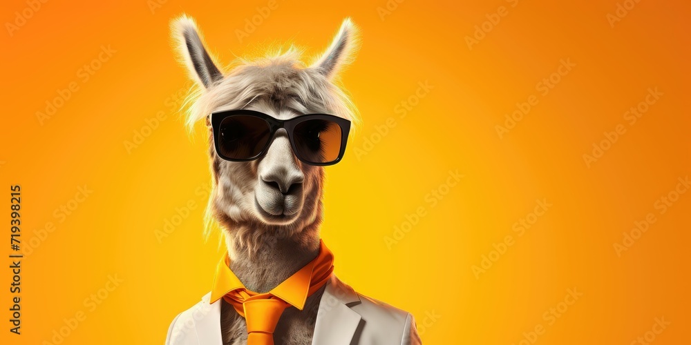 Llama with sunglasses and white suit on a yellow background.