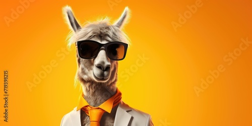 Llama with sunglasses and white suit on a yellow background.