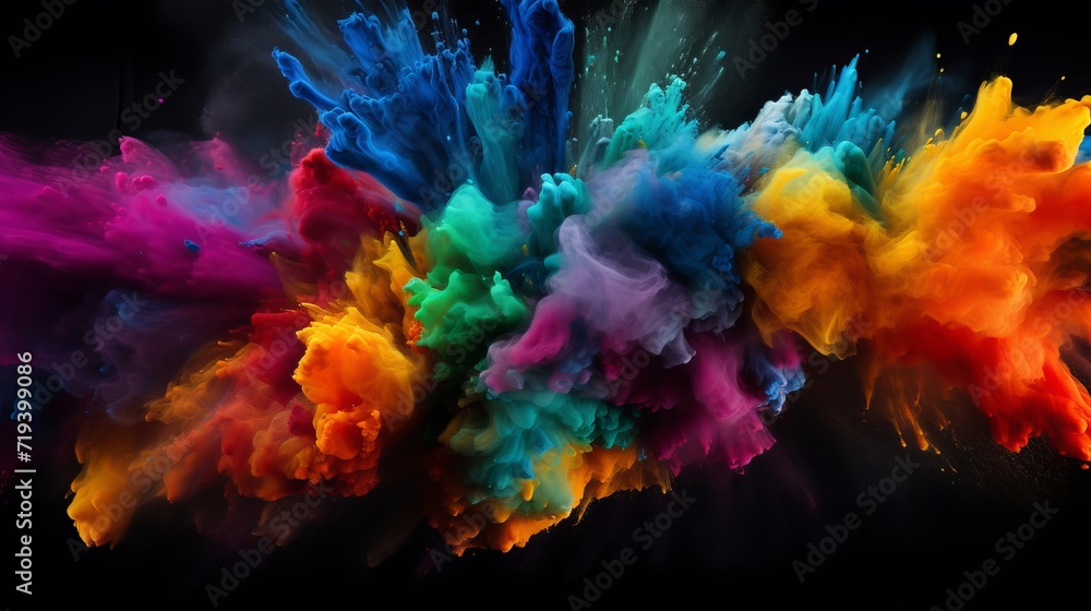 The surface of a dark black surface is the site of an explosion of colored powder The surface of a dark black surface is the site of an explosion of colored powder
