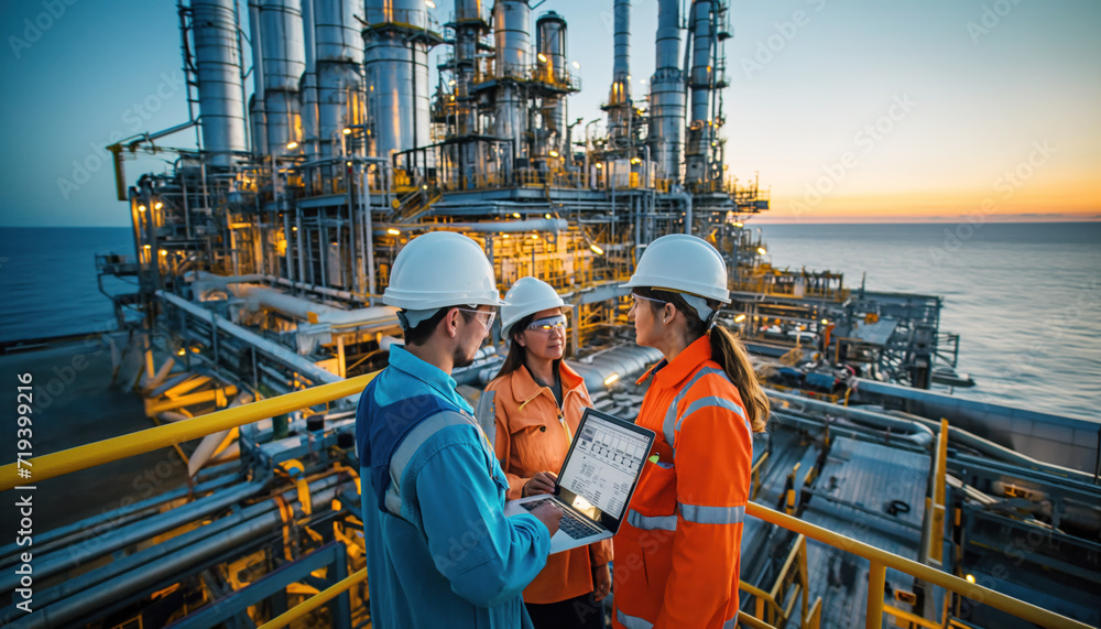 Oil engineers inspect Industrial safety system with laptop computer. They work an offshore oil platform, calm sea on the background Oil engineers inspect Industrial safety system with laptop computer. They work an offshore oil platform, calm sea on the background