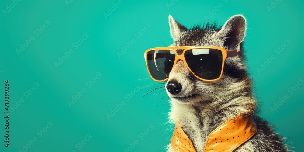 A raccoon in orange glasses and a polka-dot scarf.