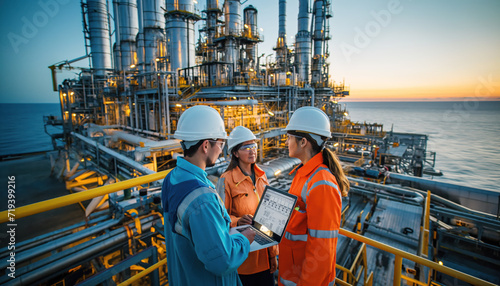 Oil engineers inspect Industrial safety system with laptop computer. They work an offshore oil platform, calm sea on the background photo