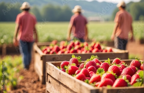 Ripe strawberry in wooden box or crates at a farm field plantation with blurred workers on background