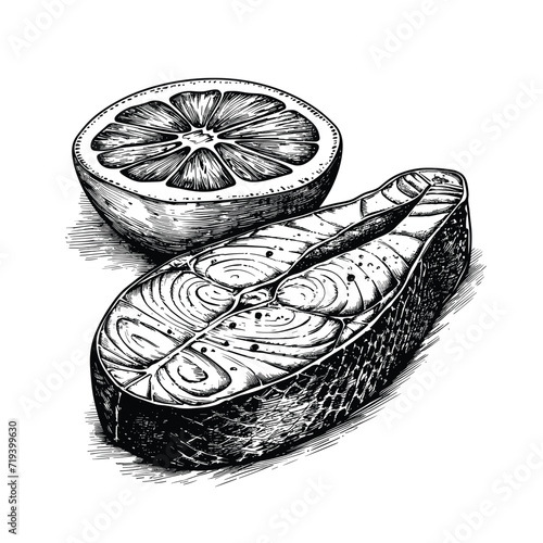 Hand drawn illustration of a salmon fish fillet, salmon steak with lemon slice, black and white vector illustration, sketch ink drawing, cross-hatching vintage art isolated on transparent background