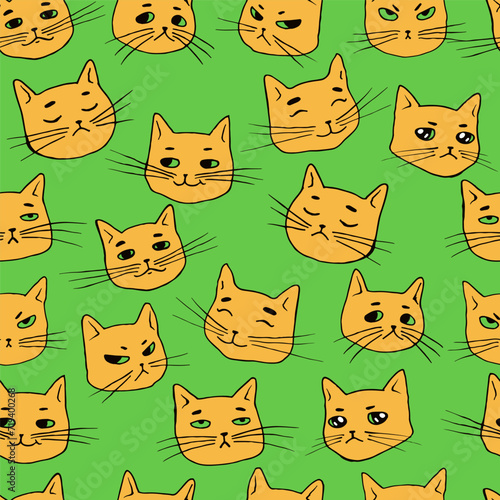 Seamless pattern with fun cute redheads cats. Colorful vector doodle style texture with animals. Cartoon stylish funny cats background