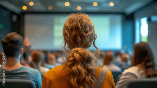 Rear view of a student with braided hair attentively watching a presentation in a lecture hall
