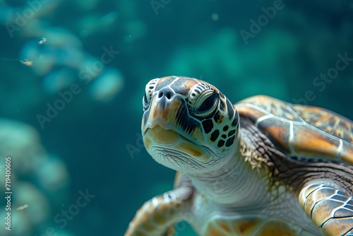 Underwater photo of a turtle in the ocean.