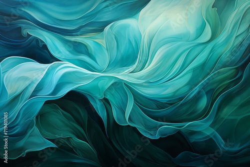  Canvas and blend various shades of teal green in swirling motions. Overlay lighter and darker hues to form a dynamic and fluid texture resembling swirling watercolors