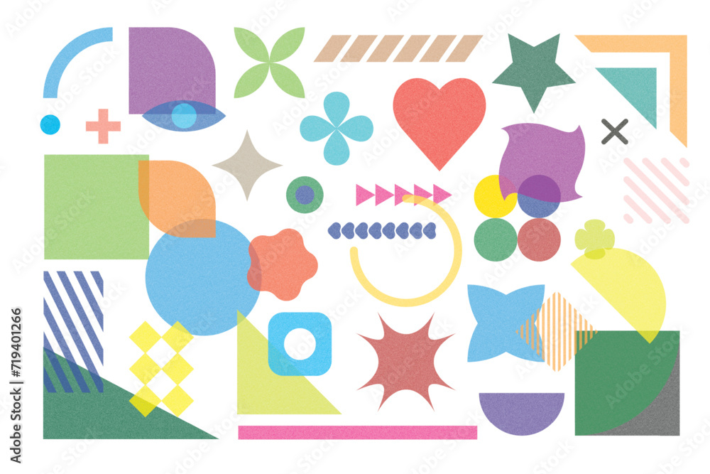 Set of grained textured risograph geometrical elements with editable colors. Abstract diverse colorful geometric shapes in trendy riso print style Set of grained textured risograph geometrical elements with editable colors. Abstract diverse colorful geometric shapes in trendy riso print style
