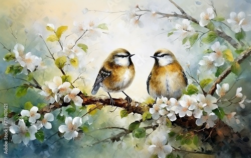 Small birds and bird chicks among cherry blossoms © Stormstudio