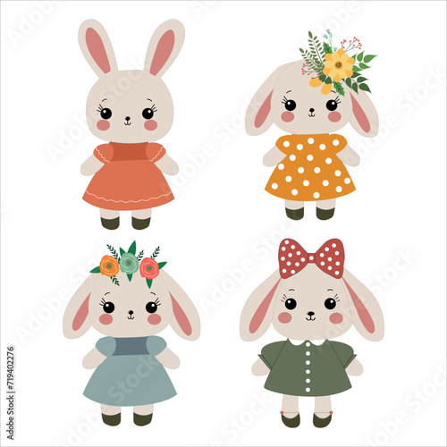 Set of cute plush bunny dolls in dresses. Cute bunny doll cartoon vector illustration isolated on a white background. © Inna