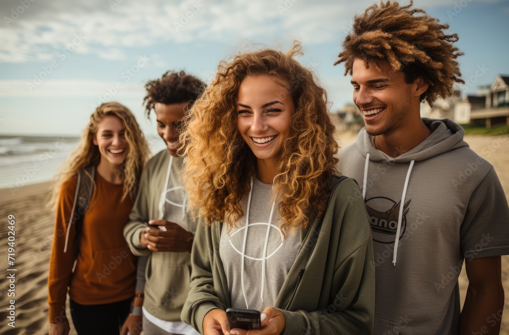 A joyful group of friends, dressed in colorful clothing, stands on the sandy beach with the clear blue sky and fluffy clouds above, radiating happiness and forming a strong bond of friendship A joyful group of friends, dressed in colorful clothing, stands on the sandy beach with the clear blue sky and fluffy clouds above, radiating happiness and forming a strong bond of friendship