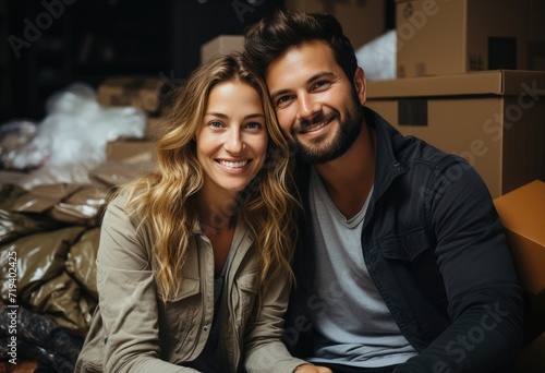 Captured in a moment of joy, a man and woman beam with genuine smiles against an indoor wall, radiating warmth and happiness through their human faces and stylish clothing