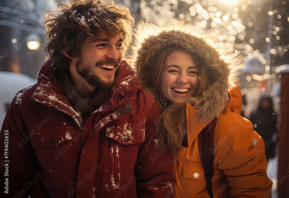 Amidst the snowy streets, a bearded man and smiling woman stand in their cozy winter jackets and fur clothing, radiating warmth and joy in the midst of the cold Amidst the snowy streets, a bearded man and smiling woman stand in their cozy winter jackets and fur clothing, radiating warmth and joy in the midst of the cold
