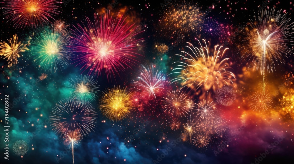 Colourful Fireworks at Night - Celebrate with Beautiful Abstract Fireworks Display Against Dark