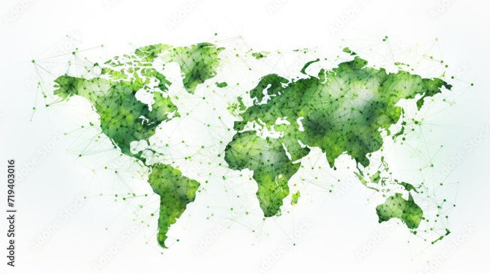 Green Connections - A Herbal Map of the World Illustration with Abstract Green Network Background