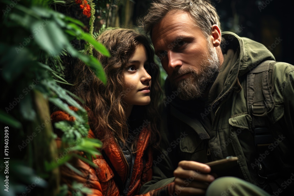 A man and woman share a moment of tender connection as they gaze into each other's human faces, their clothing adorned with a single flower, surrounded by the beauty of nature's plants