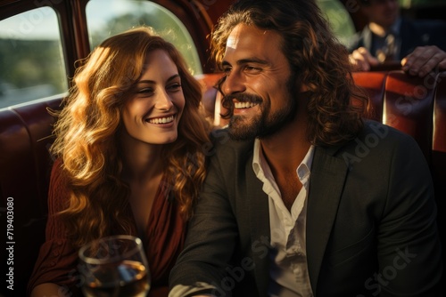 A couple's joy radiates through the car's windows as they share a drink, their laughter echoing off the indoor space and their faces adorned with warm smiles and fashionable clothing