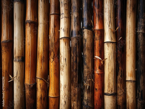 A cluster of slender bamboo sticks stands tall and strong  basking in the warm sunlight of an outdoor garden  their wooden bodies a testament to nature s enduring beauty