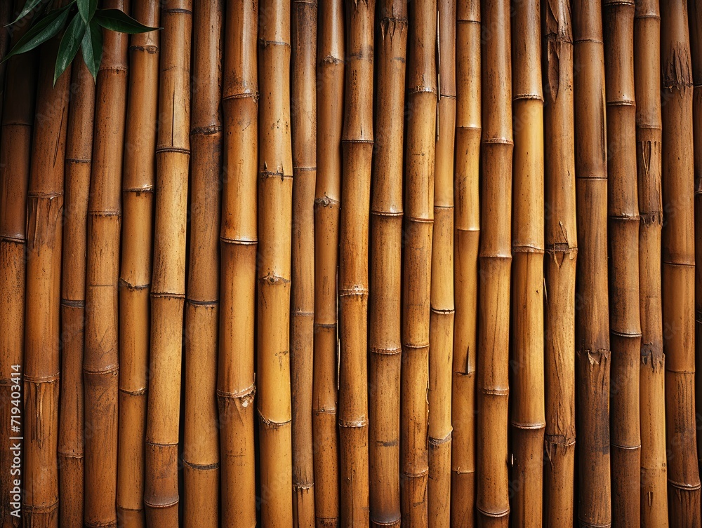 Fototapeta premium A towering display of natural beauty and strength, a wall of bamboo sticks stands tall in the outdoors, a testament to the resilience of nature's wooden wonders