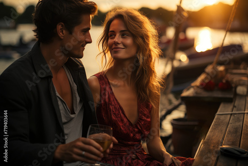 A couple s joyful expressions and matching nautical attire capture the essence of their serene boat ride amidst the beautiful outdoor scenery