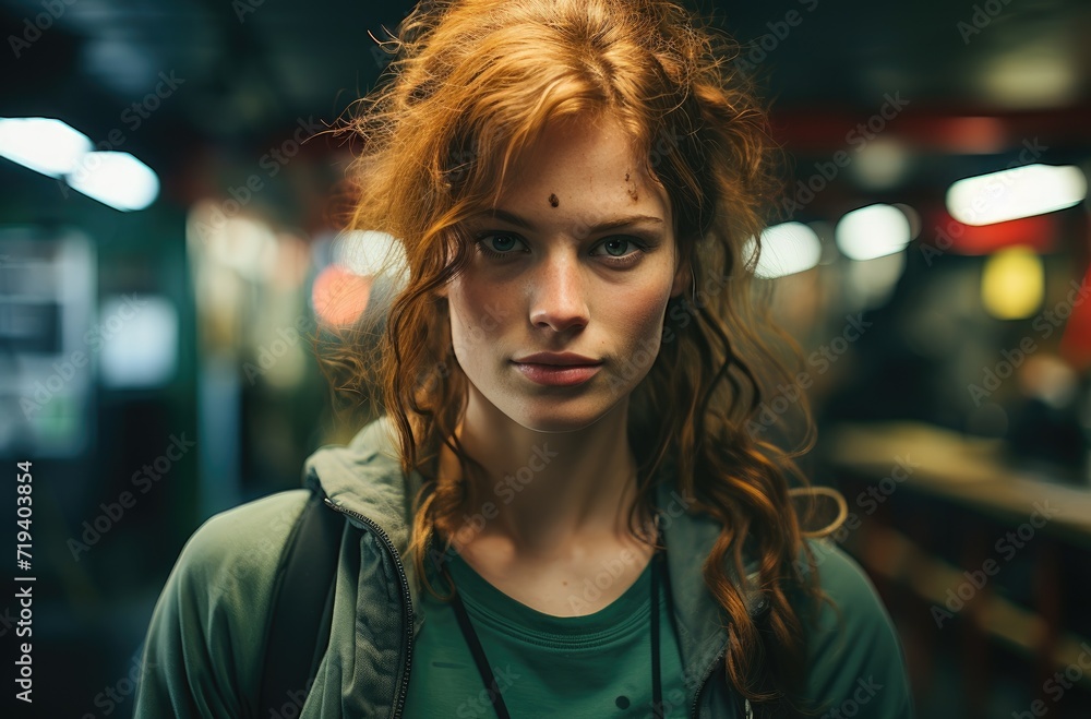 A captivating portrait of a fiery-haired woman with a sprinkle of freckles, adorned in stylish clothing, her luscious long brown locks framing her bold lip and piercing gaze, standing confidently on A captivating portrait of a fiery-haired woman with a sprinkle of freckles, adorned in stylish clothing, her luscious long brown locks framing her bold lip and piercing gaze, standing confidently on
