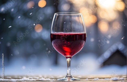 Wine glass filled with red wine placed in the snow outdoors during winter