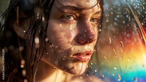 Macro portrait of woman with wet hair and rainbow