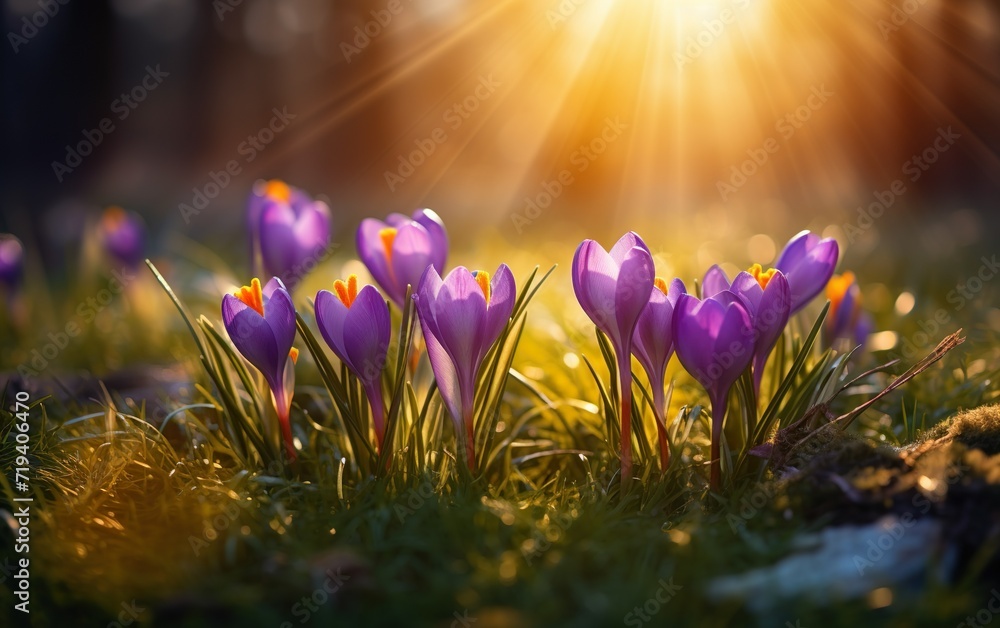 Spring Flowers - Crocus Blossoms On Grass With Sunlight