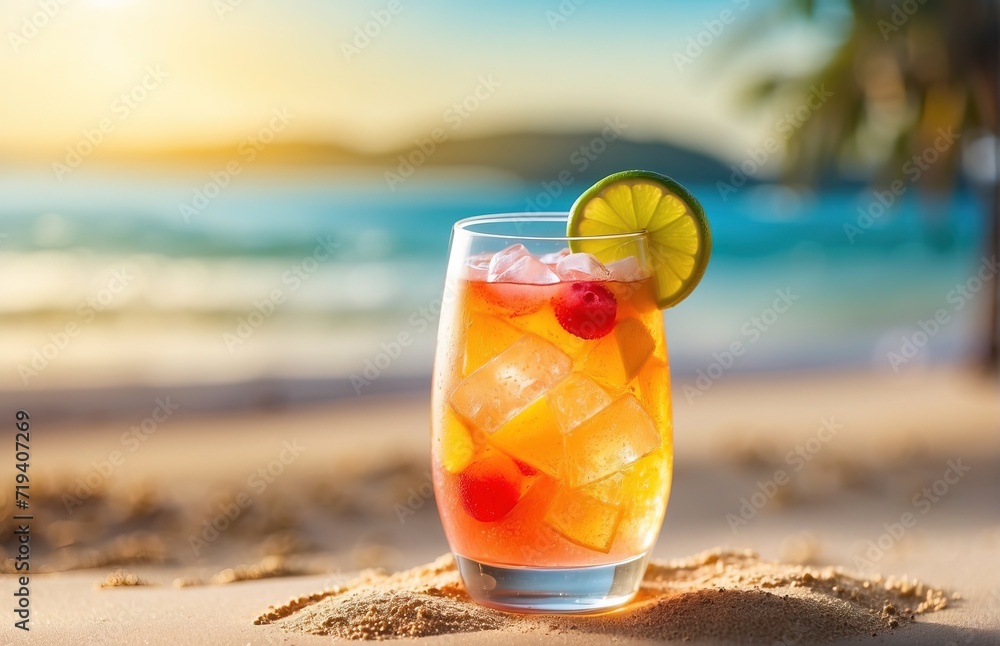 Obraz premium Glass mocktail on bright sand beach sunshine background