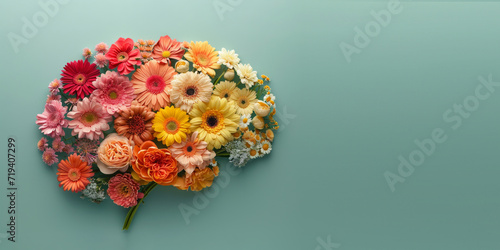 Human brain made of multi-colored flowers on blue background, banner with copy space, concept of neurodiversity and mental problems