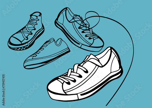 Sports shoes, sneakers. Isolated vector on blue background. Black outline. Laces, rubber outsole. White and black sneakers. 