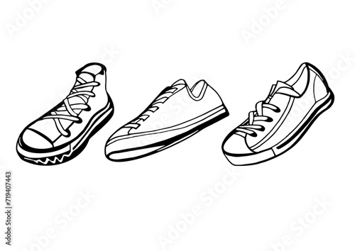Sports shoes, sneakers. Isolated vector set of sneakers on background. Black outline. Laces, rubber outsole. White shoes. White and black sneakers 