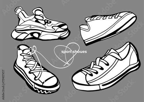 Sports shoes, sneakers. Isolated vector set of sneakers on background. Black outline. Laces, rubber outsole. White shoes. White and black sneakers 