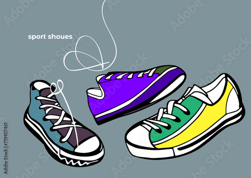 Sports shoes, sneakers. Isolated vector set of sneakers on background. Black outline. Laces, rubber outsole. White shoes. White and black sneakers 