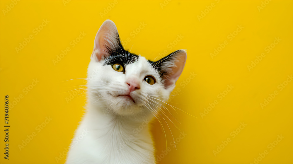 Close up portrait of black and white cat isolated on yellow background with copy space for text. Banner for pet shop with japanese bobtail cat. Backdrop with animal for poster, print, card.