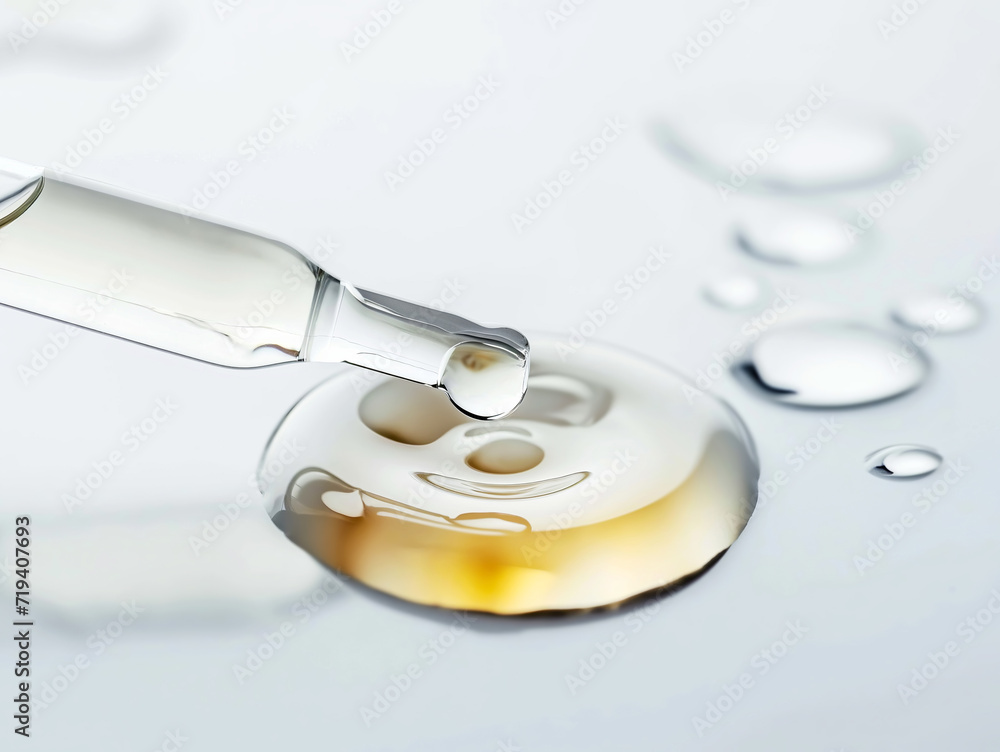 Serum dropper and skin care cosmetics product drop close-up on white background Serum dropper and skin care cosmetics product drop close-up on white background