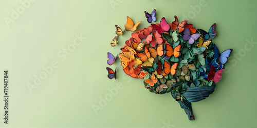 Human brain made of multi-colored butterflies on light green background, banner with copy space, concept of neurodiversity and mental problems photo