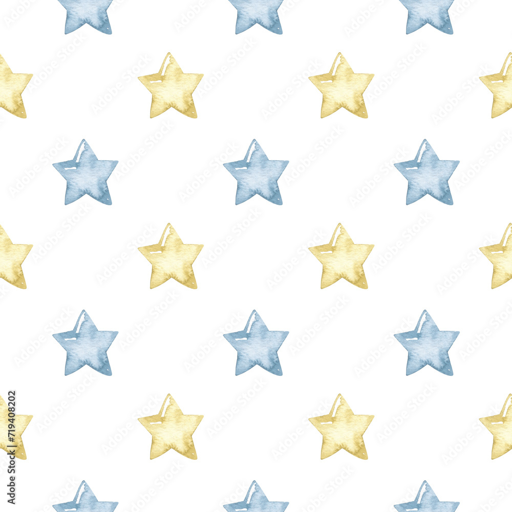Minimalist seamless pattern with blue and gold stars.Watercolor hand painted seamless pattern for baby boy. Minimalist seamless pattern with blue and gold stars.Watercolor hand painted seamless pattern for baby boy.