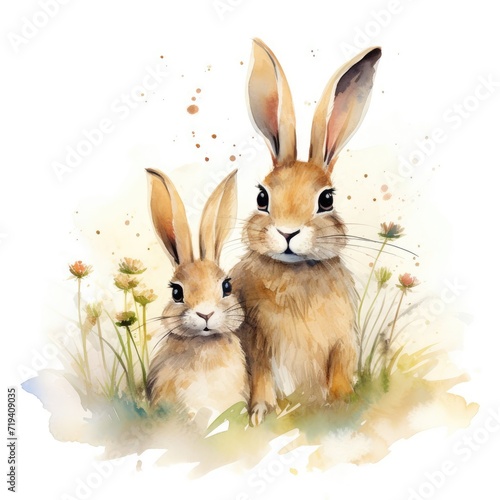 Watercolor illustration of a family of rabbits, mother rabbit and baby rabbit on a white background.
